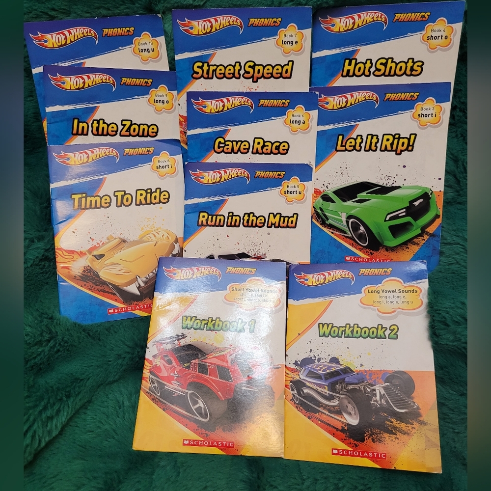Hot Wheels Phonics Books Set Bundle of 10 w/ 2 NEW Work Books 📚 Reading Fun!